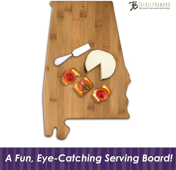 Totally Bamboo Alabama State Shaped Bamboo Serving and Cutting Board | State charcuterie board with natural bamboo grain. Knife-friendly surface for food prep. Hang tie for wall display.