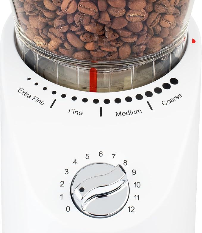 Capresso Infinity Plus Conical Burr Grinder, White | Commercial-grade steel burrs, 16 settings, low-speed gear motor