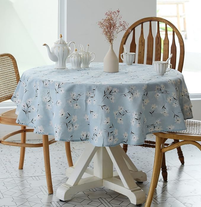 Pastoral Round Tablecloth - 60 Inch Dia. - Linen Fabric Table Cloth - Washable Table Cover with Dust-Proof Wrinkle Resistant for Restaurant, Picnic, Indoor and Outdoor Dining, Floral (Light Blue)