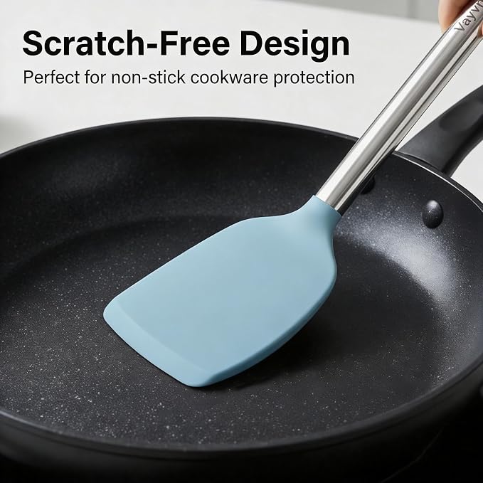 Vayvnt Silicone Cooking Utensils Set, Heat Resistant Spatula Spoon, Blue | 4PCS, Kitchen Utensils for Non Stick Cookware, Hanging Hole, Easy Cleaning Cooking Tools, Metal Long Handle, Dishwasher Safe