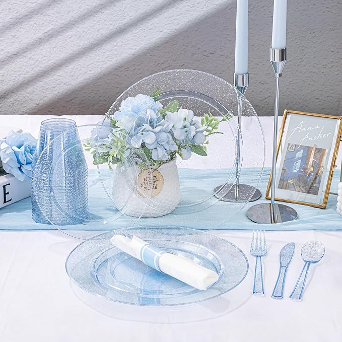 DaYammi 210PCS Blue Glitter Plastic Dinnerware Set for 30 Guests, Fancy Disposable Plates for Party, Include: 30 Dinner Plates, 30 Dessert Plates, 30 Pre Rolled Napkins with Blue Silverware, 30 Cups