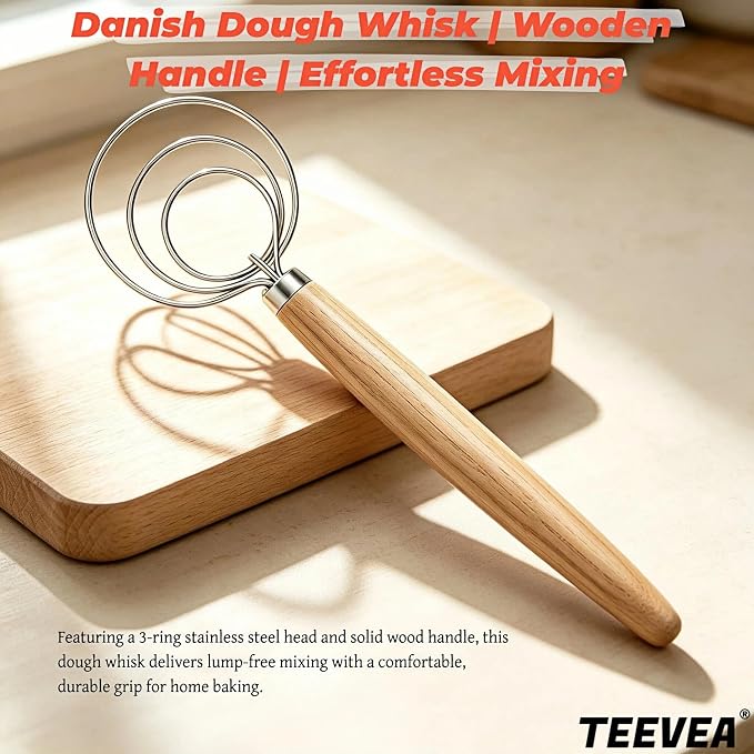 TEEVEA Danish Dough Whisk Wooden Handle Stainless Steel for Sourdough Bread | Dutch Dough Hook, Replaces Hand Mixer and Spoon, Bread Baking Tool, Food Grade Rust Resistant Steel, Non-Stick, Easy to Clean