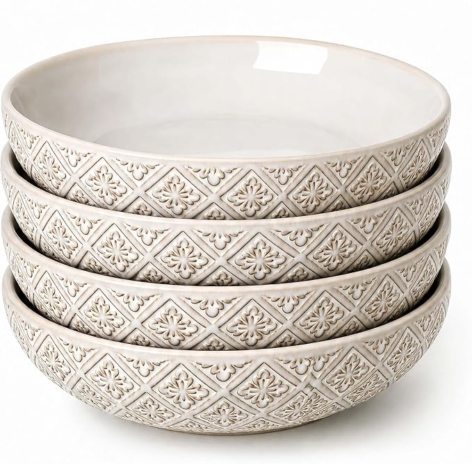 22 Oz Pasta Bowls Set of 4, Ceramic Soup Bowls, 8 inch Large Serving Bowl, Porcelain Kitchen Embossed Dish for Salad, Fruit, Rice, Desserts, Housewarming Wedding Gifts, Dishwasher Safe
