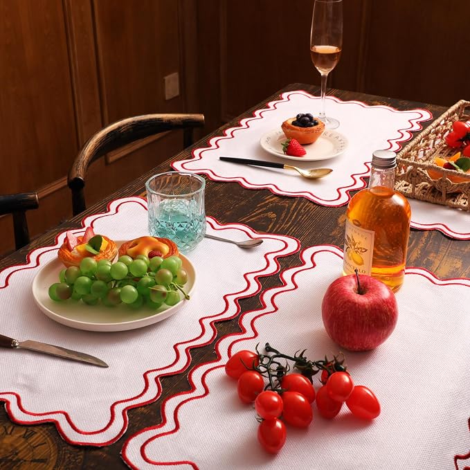 Linen Placemats Set of 12 Scalloped Placemat 13 X19 Wavy Embroidery Double Layered Washable Farmhouse Dinner Fabric Table Mat Napkin for Wedding Party Restaurant(Regular,White&red)