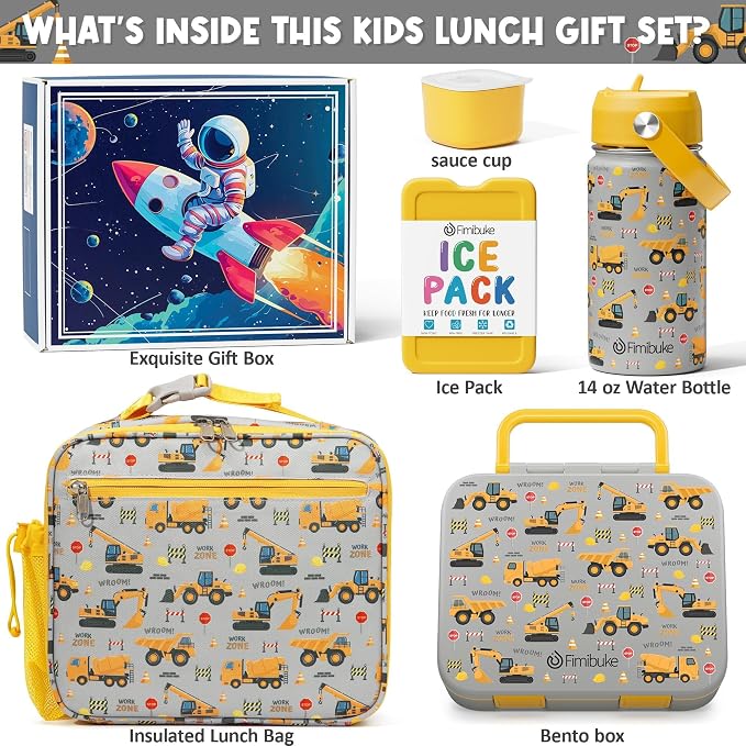 Fimibuke Bento Lunch Box for Kids - Toddler Boys Snack Bento Box Container | with 3 Compartments, 14oz Stainless Steel Water Bottle, Insulated Lunch Bag, Ice Pack Set for Ages 3-12 Daycare, Construction
