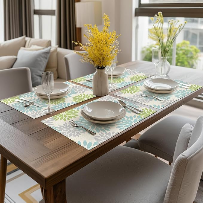 Artoid Mode Floral Vinyl Plastic Placemats Set of 4, 12x18 Inch Washable Non-Slip PVC Place Mats for Party Kitchen Dining Decor, Sage