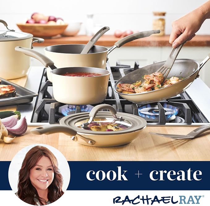 Rachael Ray Cook + Create Nonstick Sauté Pan with Lid, 3 Quart - Almond