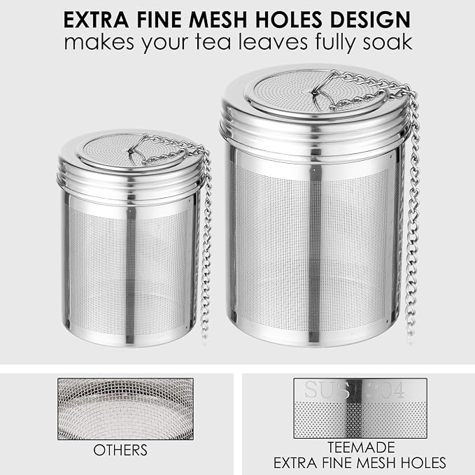 2 Pack Tea Infuser,Extra Fine Mesh Holes Tea Ball Strainers with Threaded Connection,304 Stainless Steel Cooking Filters,Easier to Brew Loose Leaf Tea, Spices,Seasonings,Soup Etc (1M + 1L)
