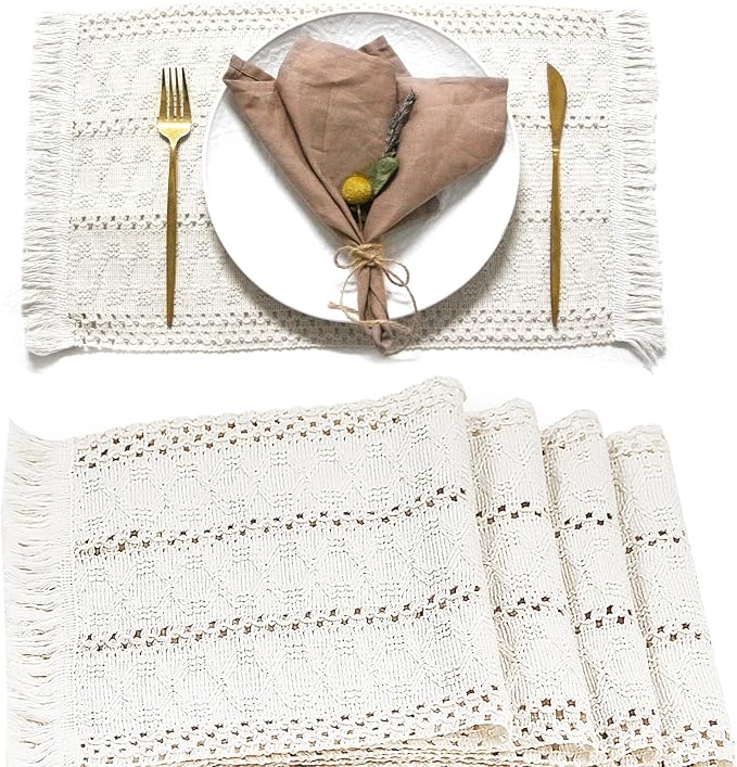 Beige Boho Placemats Set of 4 Table Mats Farmhouse Home Dining Decor | 12x20" Place Mat Set of 4 Macrame Table Decor Farmhouse Burlap Placemats for Home Dining Table Centerpiece Home Decorations
