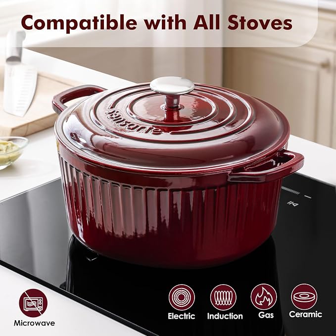 SENSARTE Enameled Cast Iron Dutch Oven Pot with Lid 3.5/5.5/6.5 Quart Heavy-Duty Round Dual Handles Kitchen Pot with Cotton Potholders & Silicone Trivet, Pot for Bread Baking, Stews, Braising, Roasting, Oven Safe, 3.5 Quart, Red
