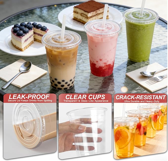 Ginkgo 100 Pack - 16 oz Clear Plastic Cups with Lids and Straws | Leak-Proof & Sturdy, Disposable Iced To Go Coffee Cups for Smoothie, Cold Beverages