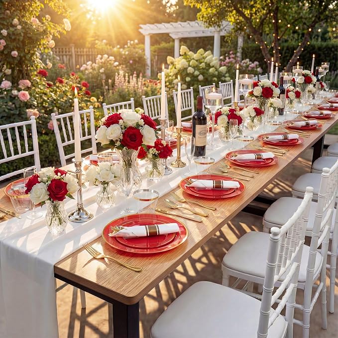 350Pieces Red Plastic Plates with Gold Rim Include 50Dinner Plate 10inch 50Dessert Plate 7inch 50 gold Cups 9 OZ, 50 Pre Rolled Napkins for Wedding/Birthday/Christmas/Party
