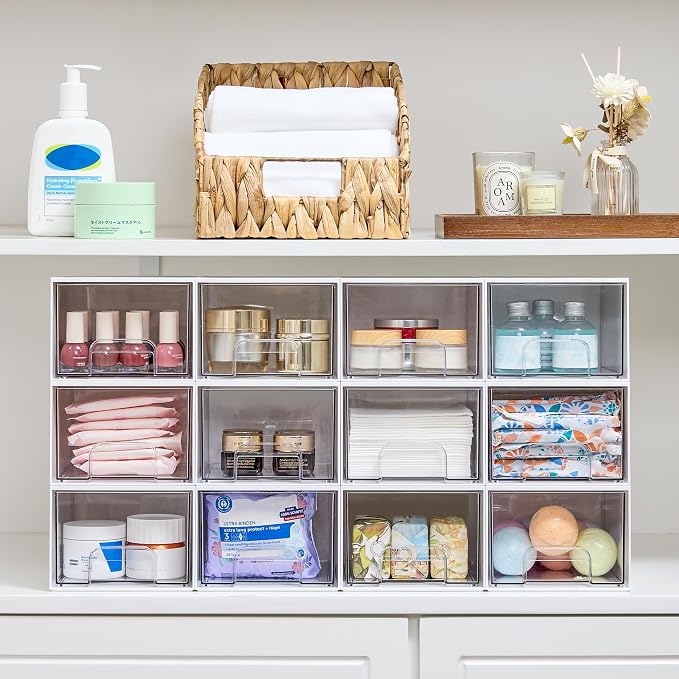 Vtopmart 4 Pack Small Stackable Storage Drawers, White | Bathroom Makeup Accessories Organizer, Plastic Bins For Desk, Vanity, Undersink, Medicine Cabinet ,Home Organization