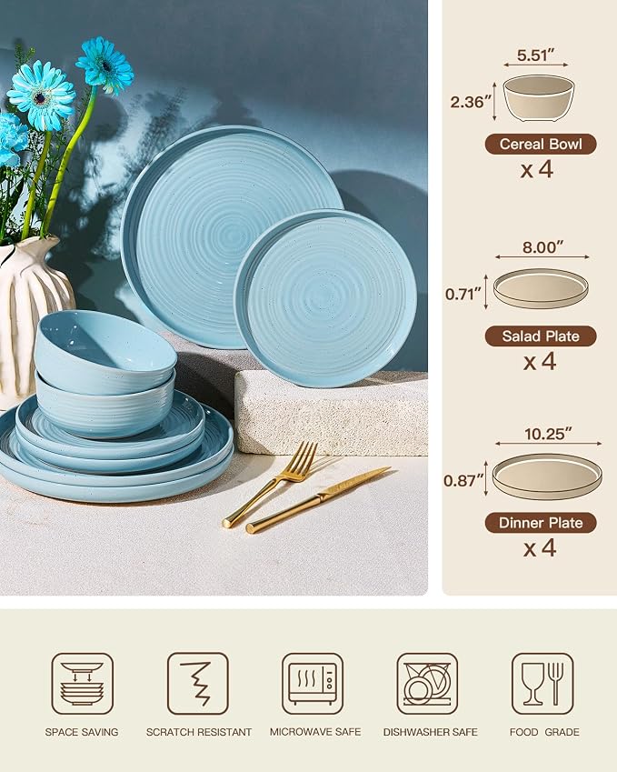Dinnerware Sets for 4, Ceramic Plates and Bowls, Ice Blue | 12-Piece Ceramic Speckled Spiral Dishes, Chip & Scratch Resistant, Microwave & Dishwasher Safe, Everyday Use, Farmhouse Style