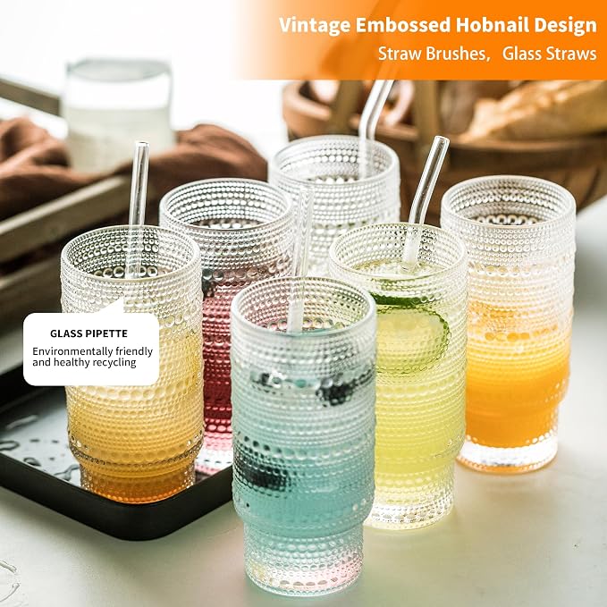 KEMORELA Vintage drinking glasses set of 6, Large 16oz Hobnail Glassware Set, Glass Cups With Straws, Romantic Hobnail Highball Glasses for Bar Beverages Ice Coffee Cocktail Mixed Drinkware