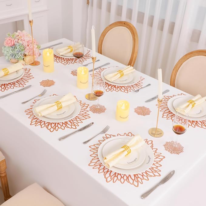 Snowkingdom 18 Pack Rose Gold Placemats Bulk Metallic Pressed Vinyl for Mother's Day Dinning Table Decoration Floral Mats Round Floral Charger Decoration for Weddings Christmas Holiday
