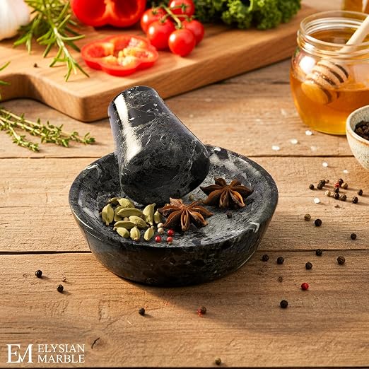 Mortar and Pestle Set, Black Marble 5.5 Inch Wide Shallow Mortar with Pestle, Manual Spice Grinder for Herbs, Garlic, Ginger, Pesto, Guacamole, Salsa and Fresh Seasoning