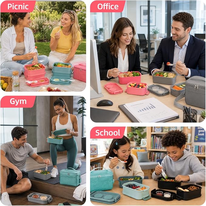 Bento Box Adult Lunch Box - 2130ml Lunch Box for Women with Insulated Lunch Bag, Utensils & Sauce Container, Leak Proof Bento Box for Girls, Reusable Plastic Lunch Container for Work, Meal Prep, Pink