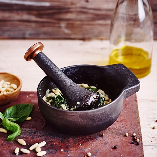 Alva Nori Enameled Cast Iron Mortar & Pestle Set | 2-cup, 4-inch capacity, Spice Grinder Bowl, Heavy-Duty Herb & Garlic Crusher with Textured Interior
