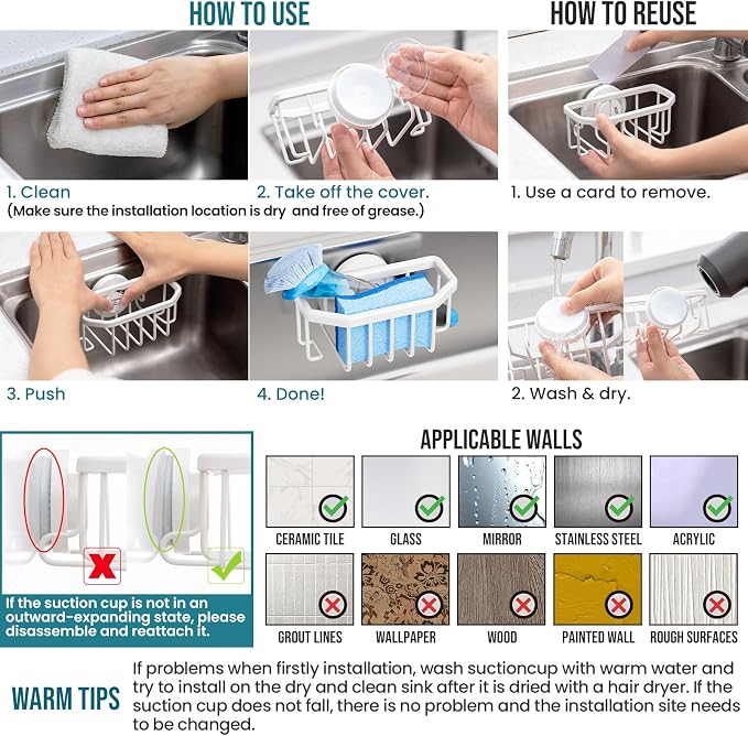 TAILI Sink Caddy with Strong Suction Cup, Sponge Holder for Sink-White | for Kitchen Sink Organizer, Removable Sponge Caddy Inside Sink, Rustproof Aluminum Holder for Sponges, Brushes, Scrubber