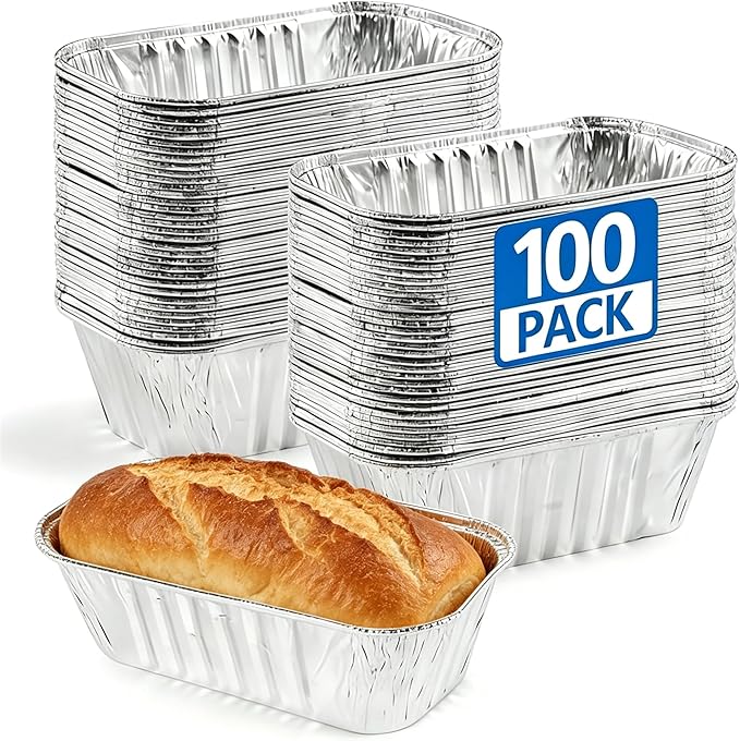 100 Pack 1Lb Mini Aluminum Foil Loaf Pans – 6" x 3.5" x 2" Disposable Small Bread Tins Oven Safe for Baking, Meatloaf, Cake, Holiday Treats, Food Storage & Takeout