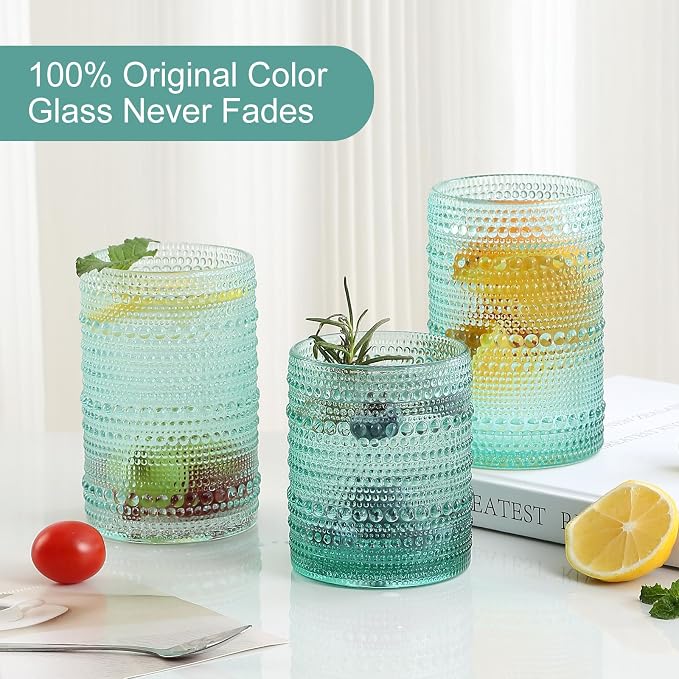 ZMOWIPDL Drinking Glasses Set of 12,Light Blue 12oz & 15oz Glass Cups | Vintage Hobnail Glassware，Embossed Water Tumbler,for Beer,Cocktail,Whiskey,Juice and Various Mixed Drinks