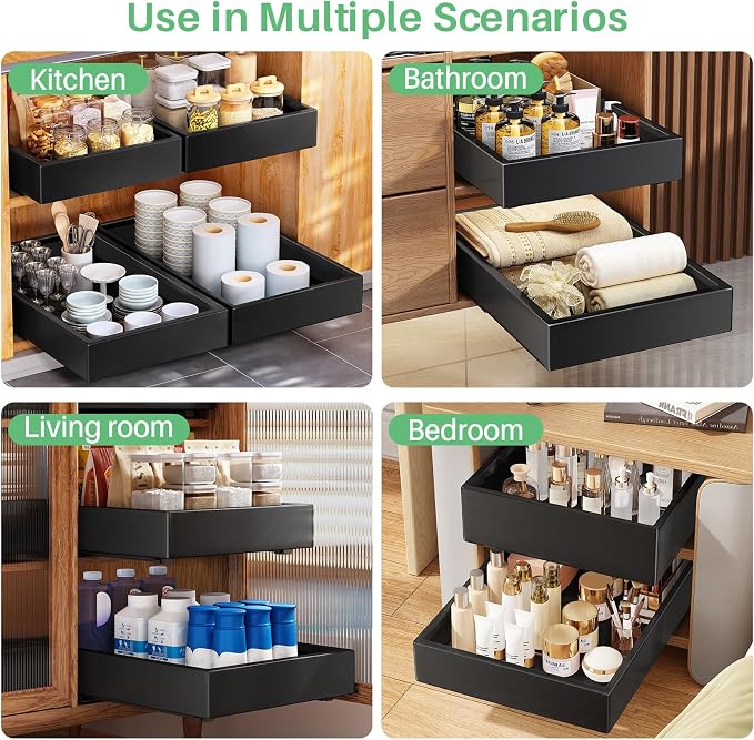 Pull out Cabinet Organizer, 21"Deep, Heavy Duty Full-Extension Slide out Drawers for Kitchen Cabinets with Nano Adhesive, Roll Out Shelf Sliding Cabinet for Pots, Bathroom, Pantry, Under Sink, Black