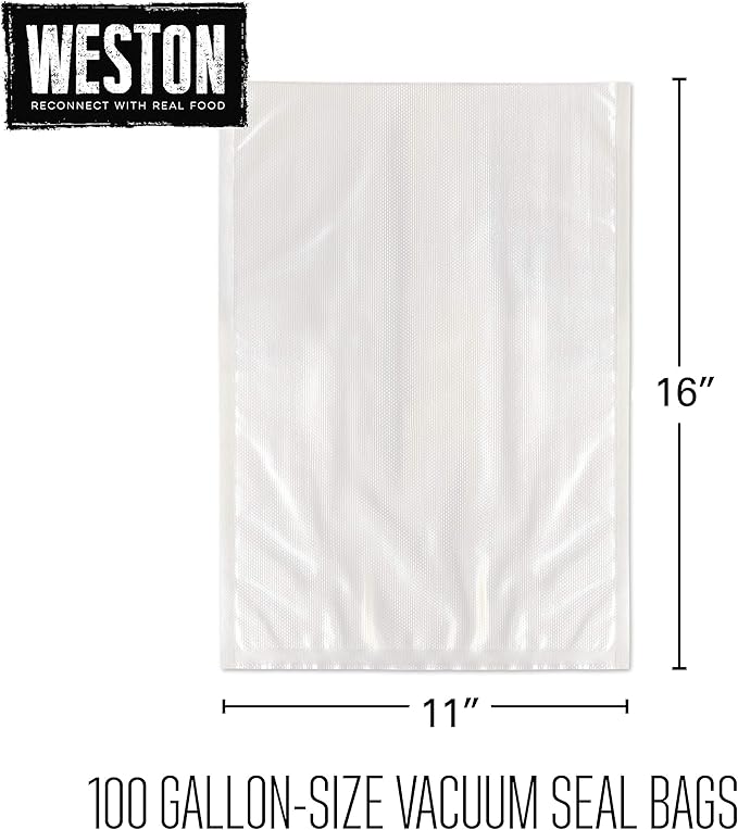 Weston 11" x 16" Gallon Vacuum Sealer Bags For Meal Prep & Sous Vide | 2 Ply 3mm Thick | Compatible With NutriFresh & FoodSaver | BPA Free | 100 Count | Clear