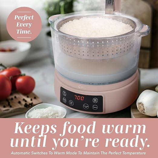 COOK WITH COLOR Glass Mini Low Carb Rice Cooker – Holds 2 Cups Raw/Makes 6 Cups Cooked with Auto Lift Filter Basket, Hotpot & Steamer for Rice, Grains, Digital Panel with Keep Warm, Dusty Rose
