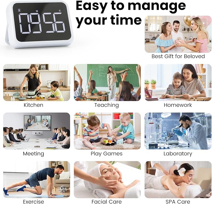 USB Rechargeable Loud Digital Kitchen Timer with Large LCD Display & Adjustable Loud Alarm - Ideal Magnetic Timer for Desk or Kitchen