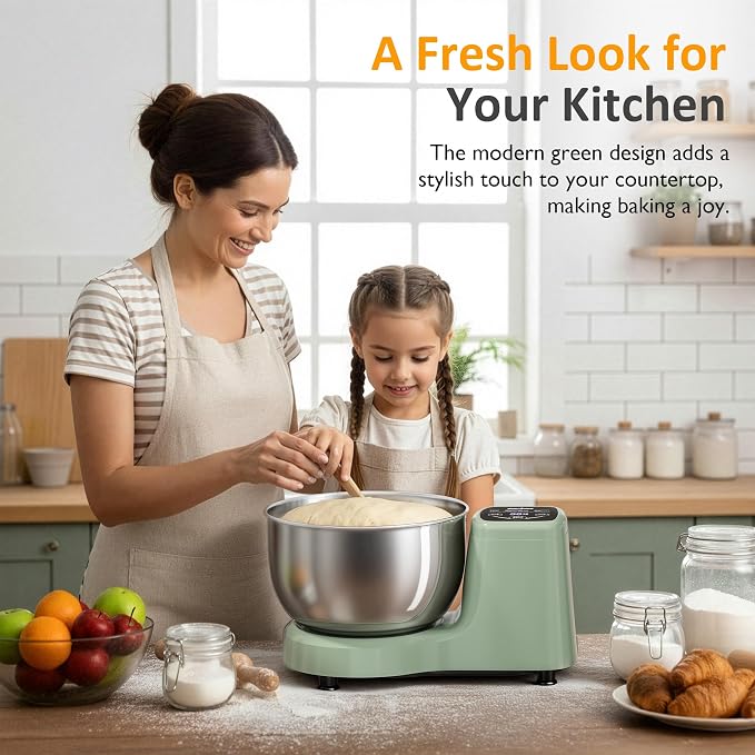 Sunvivi Electric Dough Maker with Ferment Function, 5.3QT Dough Mixer with Adjust Time, Household Stand Mixer Kitchen Flour Kneading Machine, LED Touch Panel, 304 Stainless Steel Bowl, Green