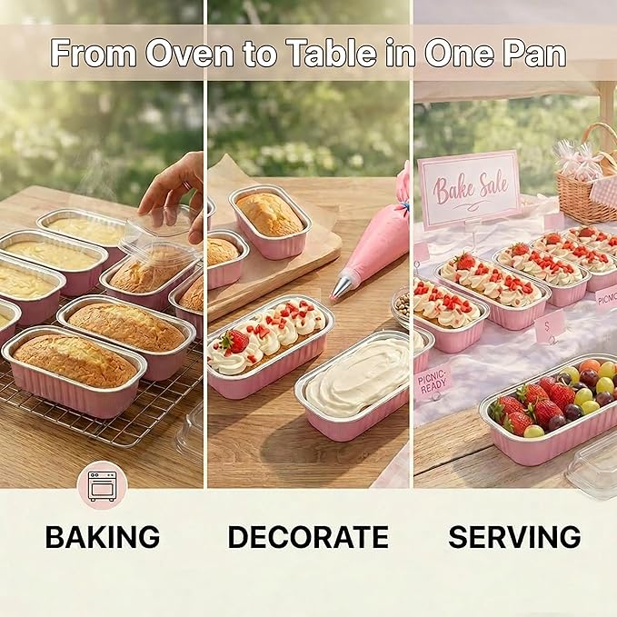 YQER 100 Pack Mini Loaf Pans with Lids and Spoons, 6.8oz Disposable Aluminum Foil Mini Cake Pans and Baking Tins with Sealing Stickers, Individual Pink Dessert Containers for Parties and Gifts