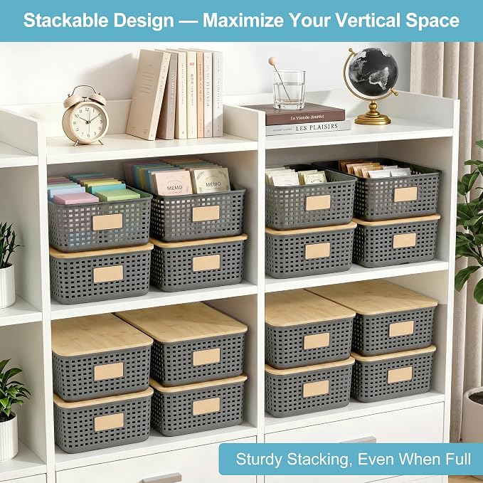 4 Pack Plastic Storage Bins with Bamboo Lids, 6.2qt Stackable Storage Organizer Box with Lable for Pantry Shelves Drawers Desktop Office, 12"L x 8.3"W x 3.5"H, Gray