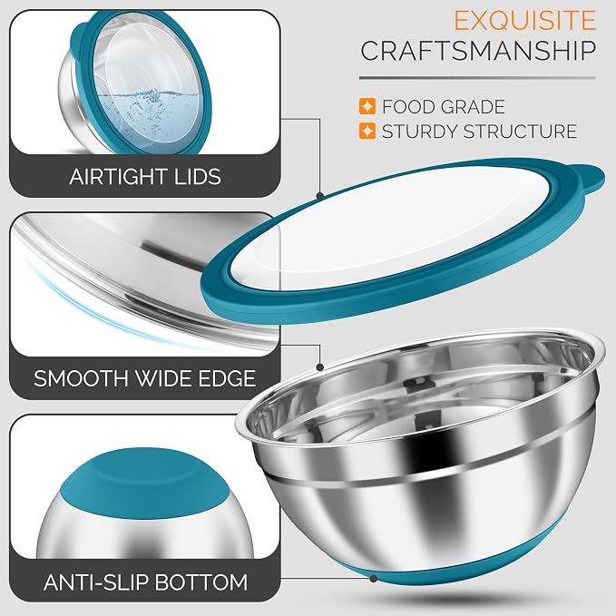 HaWare Mixing Bowls, 24-Piece Stainless Steel Salad Serving Bowl with Airtight Clear Lids, Metal Nesting Bowl For Kitchen Cooking Prepping Storing with 3 Graters, 4.6/2.6/1.5/1/0.7 QT, Teal Blue