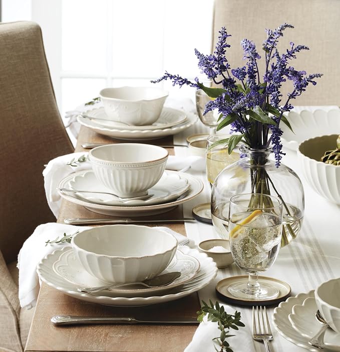 Lenox French Perle Scallop White Stoneware 24-Piece Dinnerware Set for 8 | dishwasher safe | plates and bowls sets for kitchen and dining | 11 inch plate, dish set, dishes | 2.25 inch, 16oz