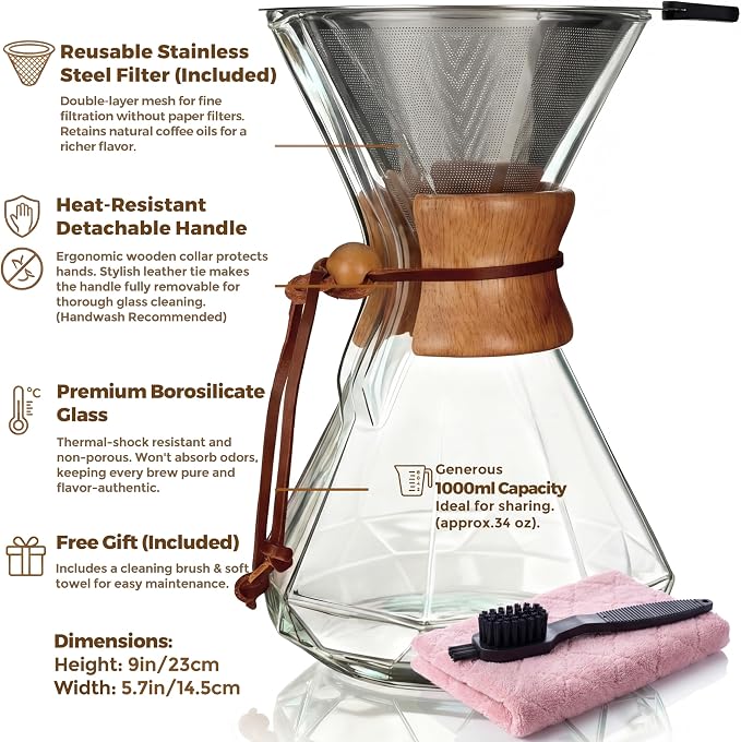 AGOGO Pour Over Coffee Maker Set, 34oz Diamond Style, 304 Stainless Filter | Barista kit for home kitchen, Cafe, Camping & Office; 20oz-40oz Classic, Slim, Diamond styles; Includes brush & towel.