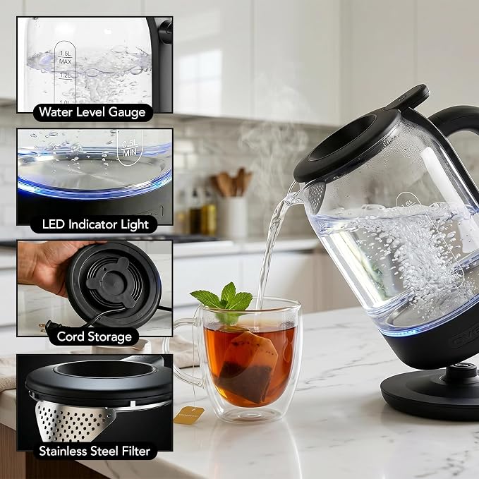 OVENTE 1.5L Glass Electric Kettle Water Boiler, Black KG516B | 1500W Fast Boiling, Easy Fill Lid, Stainless Steel Filter, LED Indicator, Auto Shut-Off, Boil-Dry Protection, 360° Base