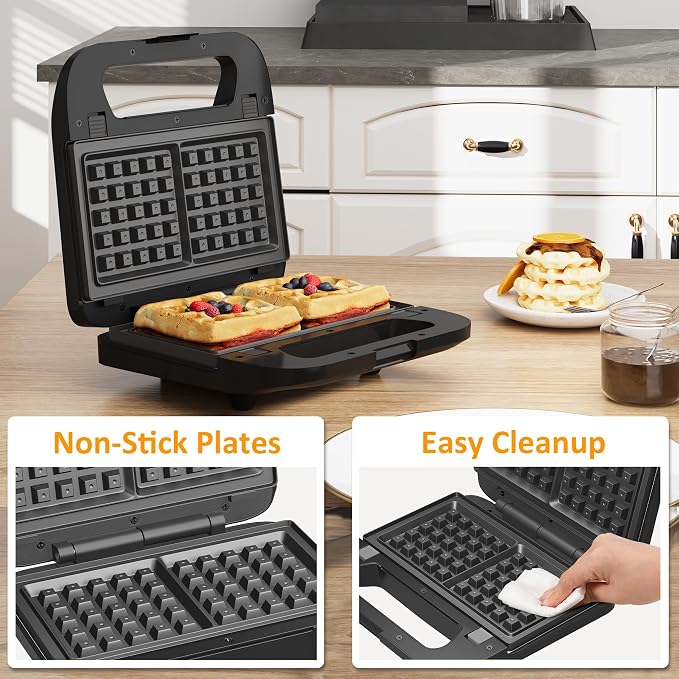 3 in 1 Electric Sandwich Maker with Removable Nonstick Plates - 750W,Black | for Belgian Waffle/Panini/Grill/Pancake Griddle/Breakfast,Dishwasher Safe,Cool Touch Handle,Easy to Clean & Store