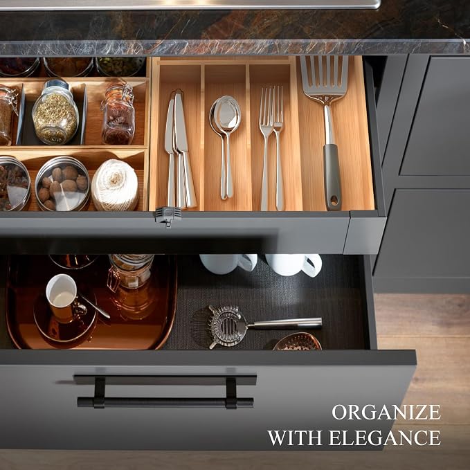 Bamboo Silverware Organizer, Kitchen Drawer Organizer, Utensil Holder, Cutlery Tray & Spoon Flatware Storage with Grooved Drawer Dividers (12''W x 16.5''D)