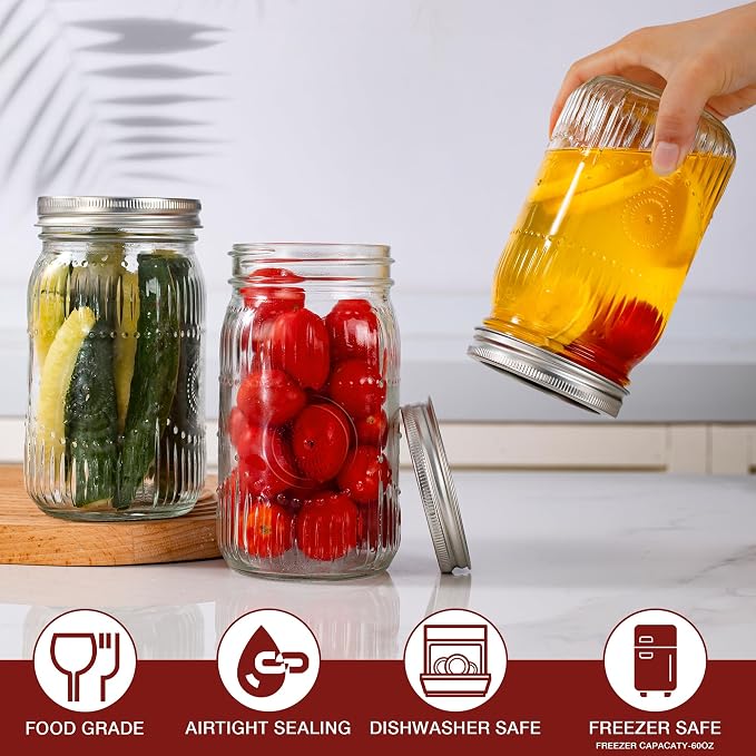 Amzcku 32 oz Vintage Mason Jars with Lids, Regular Mouth Canning Jar, Safe For Storage, Canning, Pickling, Preserving, Fermenting, DIY Crafts & Decor 4 Pack