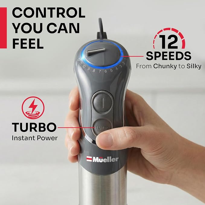 Mueller Multistick 5-in-1 Immersion Blender Handheld, 12-Speed Hand Mixer | Turbo Boost,Heaviest Duty Copper Motor,Titanium reinforced Blades Hand Blender,Milk Frother Wand,Whisk,Beaker,Chopper,Grey
