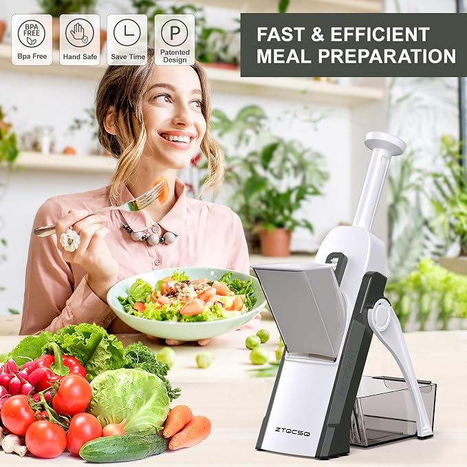 5 in 1 Adjustable Safe Mandoline Slicer for Kitchen with Paring Knife | Safe Mandoline Slicer for Kitchen, Easy to Clean/Storage, Potato Slicing, Strips, Shredding, Dicing, Chop, Cleaning brush