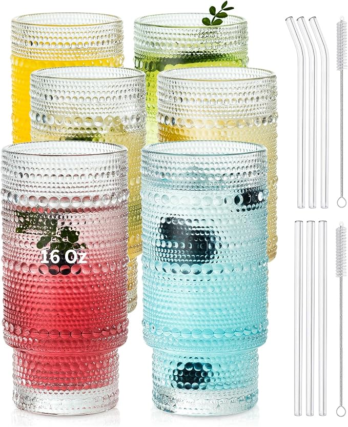KEMORELA Vintage drinking glasses set of 6, Large 16oz Hobnail Glassware Set, Glass Cups With Straws, Romantic Hobnail Highball Glasses for Bar Beverages Ice Coffee Cocktail Mixed Drinkware