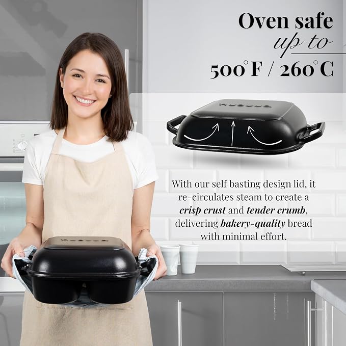 QuadPro Enamelled Cast Iron Bread Loaf Pot – Dutch Oven for Sourdough Bread Baking – 500°F Oven Safe Non Stick Bread Pot – 4 Round Loaf Spaces (4.90-inch Diameter), Black – by Nuovva