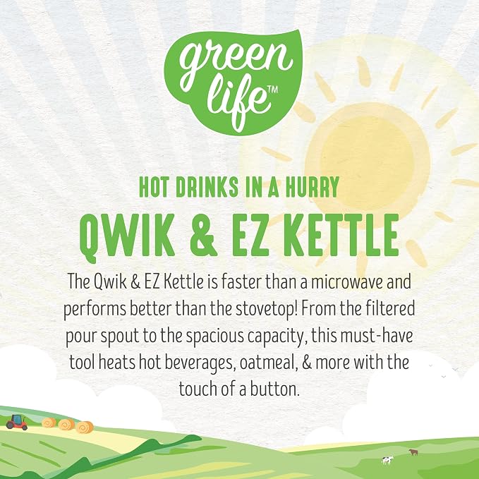 GreenLife 1.7 Liter Electric Glass Kettle, Sage Green | Glass Body, Auto Shutoff, Thermal Shock Resistant, Quick Heating, Easy One Touch Use, Cordless Serving, LED Base, Coffee/ Tea