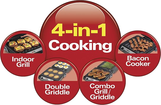 Hamilton Beach 4-in-1 Electric Indoor Grill & Electric Griddle Combo | 200 sq. in. PFAS-Free Non-Stick Cooking Surface Opens | Removable Interchangeable Grill & Griddle Plates | Black & Silver