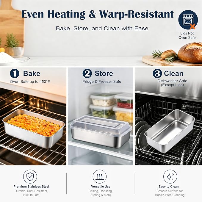 E-far Loaf Pan with Lids, 9 x 5 Inch Stainless Steel Bread Pans Set of 3 | for Homemade Bread, Rectangle Baking Tins for Sourdough, Meatloaf, Banana Cake, Nontoxic & Dishwasher Safe