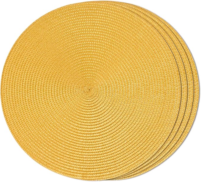 FunWheat Round Braided Placemats Set of 4 Table Mats for Dining Tables Woven Washable Non-Slip Place mats 15inch (Yellow, 4pcs)