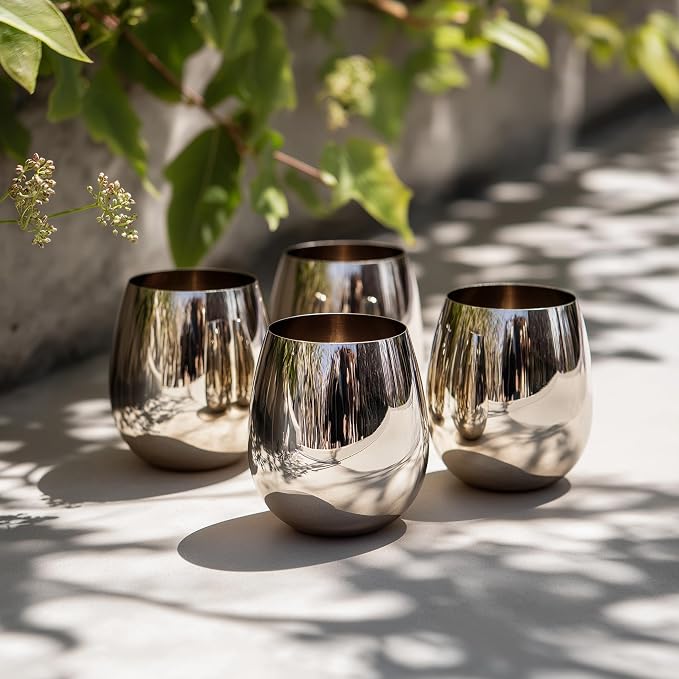 K&K Home Silver Stainless Steel Unbreakable Silver Stemless Wine Glasses - 15 oz - Set of 4 Colored, Stemless Metal Wine Glasses Perfect for Outdoors, Weddings, and Parties