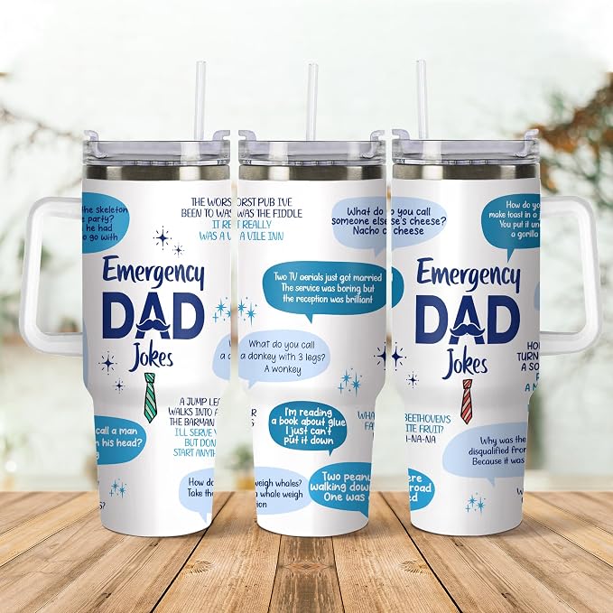 Gossby Emergency Dad Jokes Tumbler, 30oz Stainless Steel with Handle | Funny Gift for Dad, Birthday Gift for Him, Dad Coffee Tumbler with Straw, Insulated Travel Cup, Gift for Daddy, Stepdad